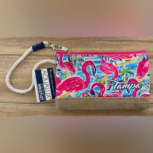 NWT Pink Flamingo Canvas & Jute Wristlet Beach Vibes Tampa Florida AQUALUX - Picture 1 of 3